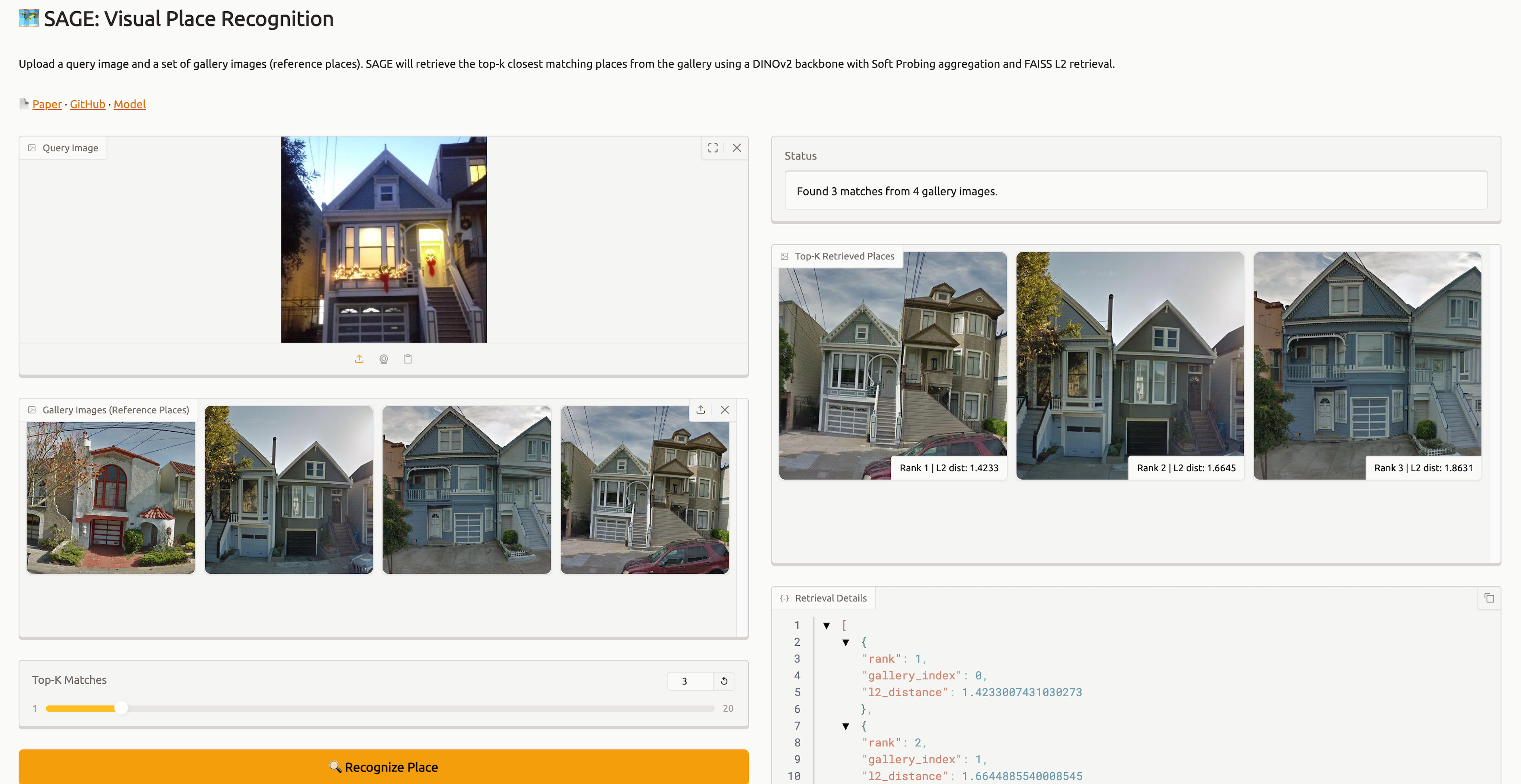 SAGE Hugging Face Spaces interface showing query and gallery images with retrieved place matches.